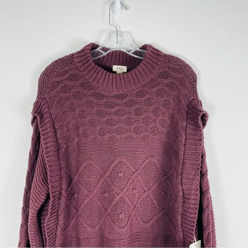 NEW ANA purple plum cable knit ribbed balloon sleeve sweater medium